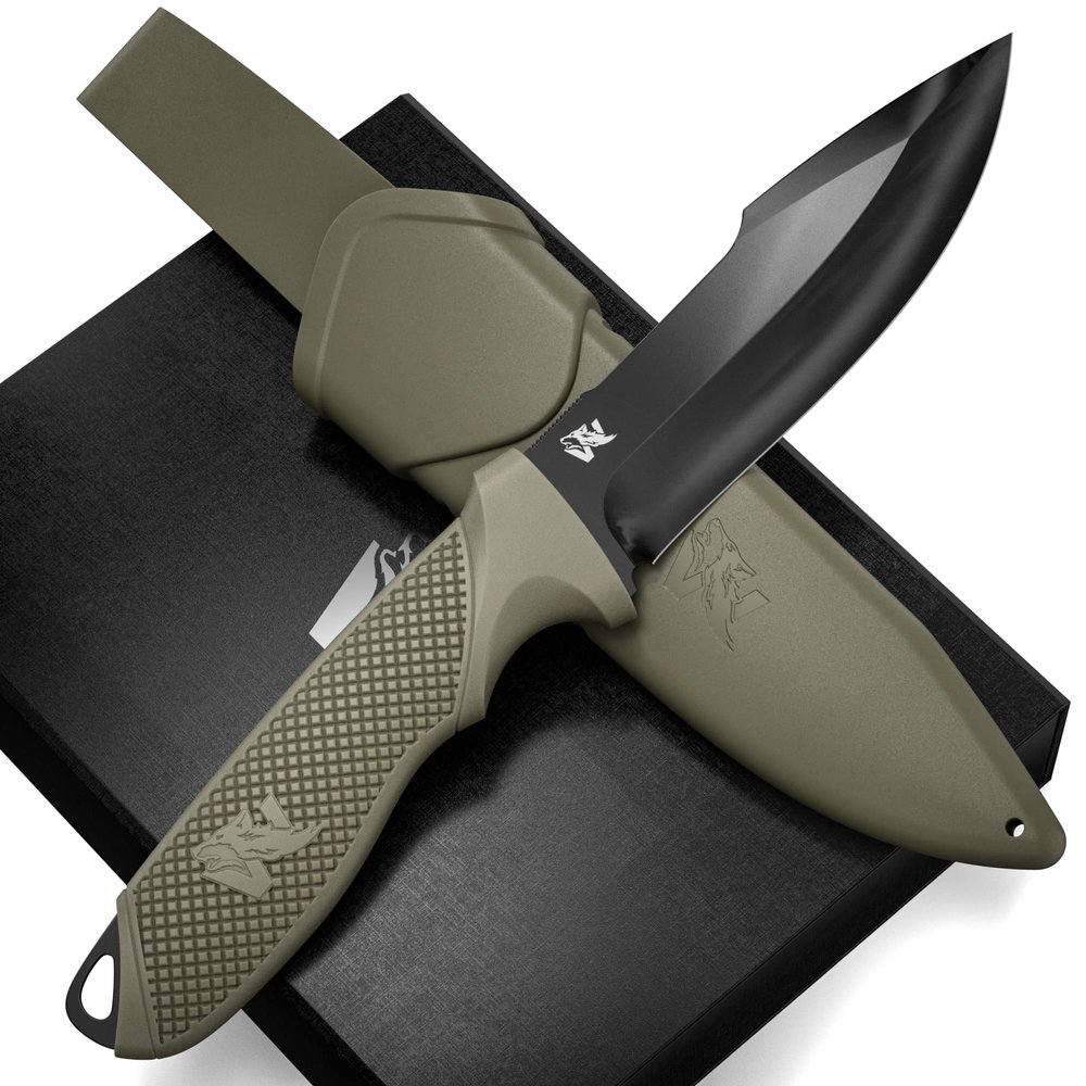 ODENWOLF WOLF-I Full Tang Survival Knife with Sheath - Stylish Tactical Fixed Blade - Made of D2 Steel - Bushcraft and Camping Knife Survival - Perfect EDC Outdoor Knife with TPE Handle