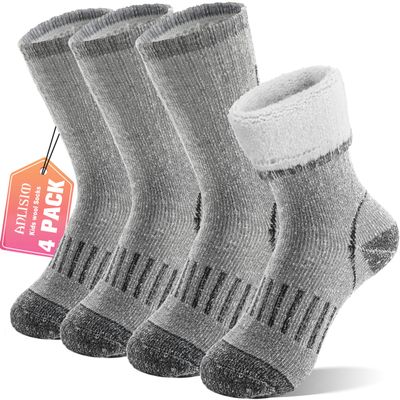 Anlisim Wool Socks, Thermal Winter Warm Thick Merino Wool Hiking Socks for Kids & Teens, 4 Pairs (4-7 Years, Gray)