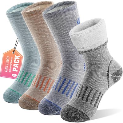 Anlisim Wool Socks, Thermal Winter Warm Thick Merino Wool Hiking Socks for Kids & Teens, 4 Pairs(12-15 Years, Color Mix)