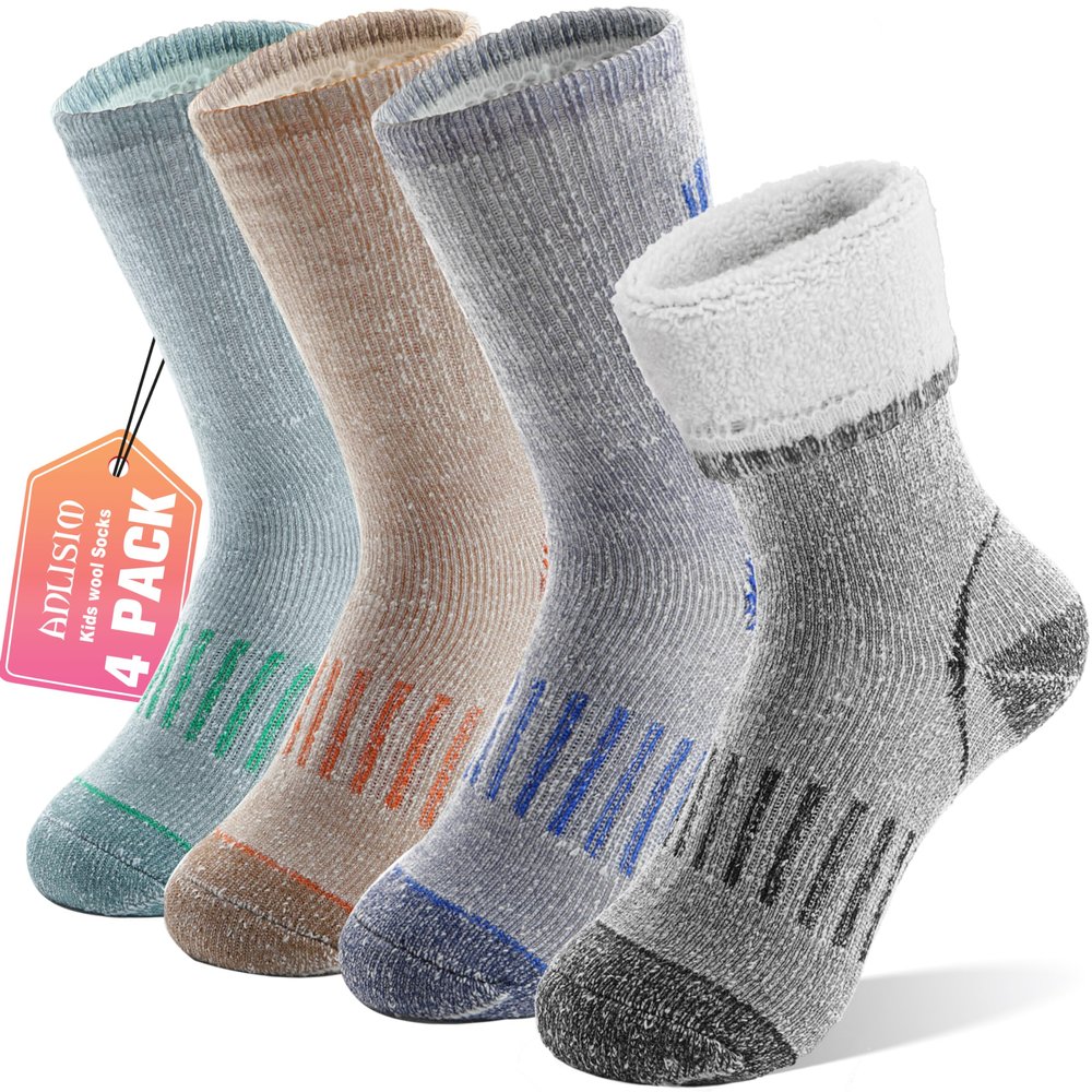 Anlisim Wool Socks, Thermal Winter Warm Thick Merino Wool Hiking Socks for Kids & Teens, 4 Pairs(12-15 Years, Color Mix)