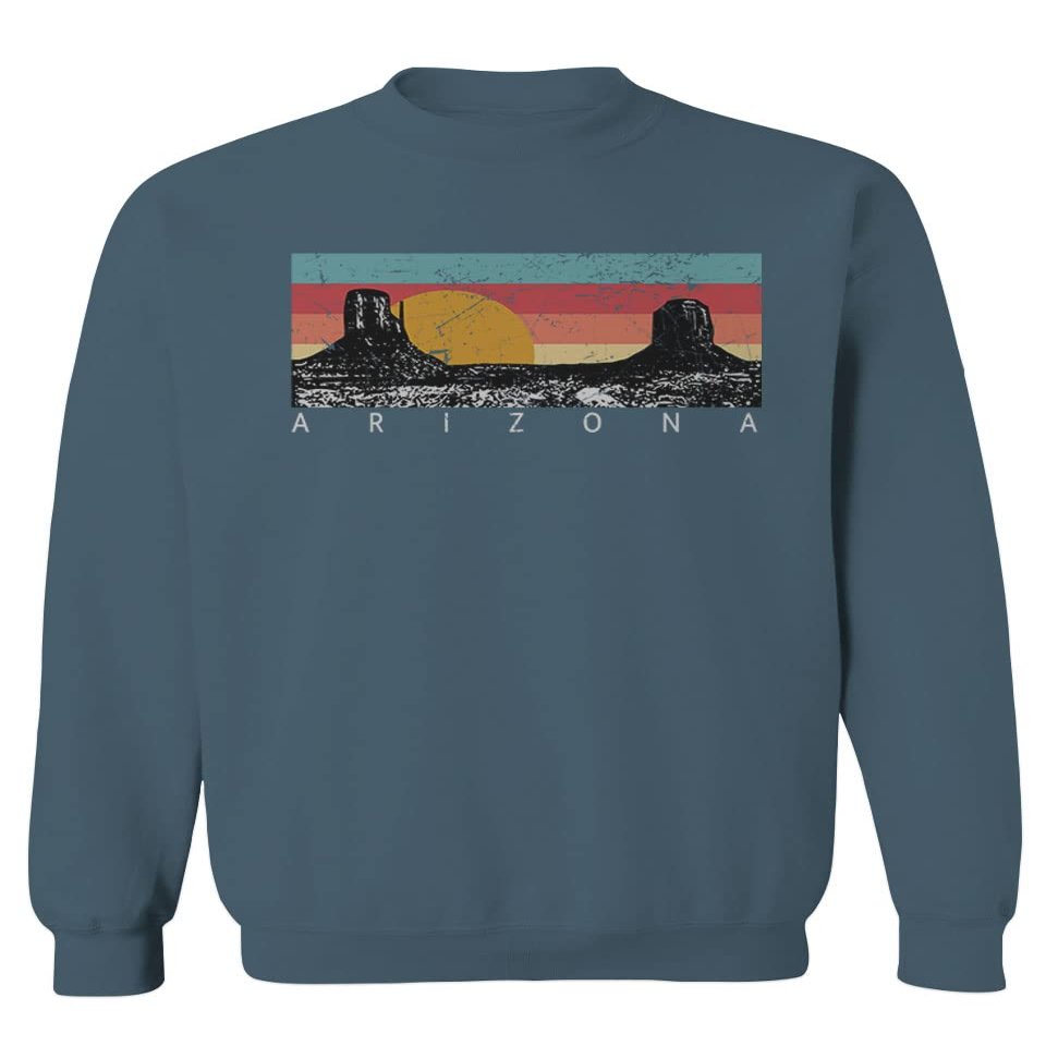 Vintage Retro Graphic Style Arizona State Desert Gift Sunset Mountains Men's Crewneck Sweatshirt (Indigo Blue Small)