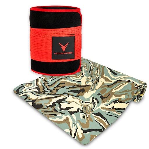 Anti-Slip High-End Thick and Durable TPE Yoga Mat with Travel Straps Included - Green/Brown Camouflage + Waist Trimmer (X-Large, Red and Black)