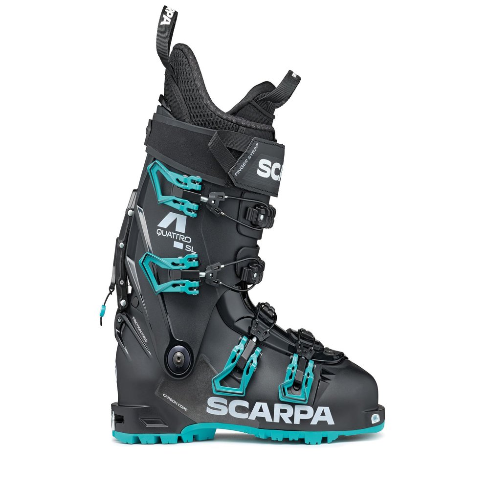 SCARPA Women's 4-Quattro SL 100 Flex Freeride Alpine Touring Ski Boots with GripWalk for Backcountry and Downhill Skiing - Black/Lagoon - 26.5