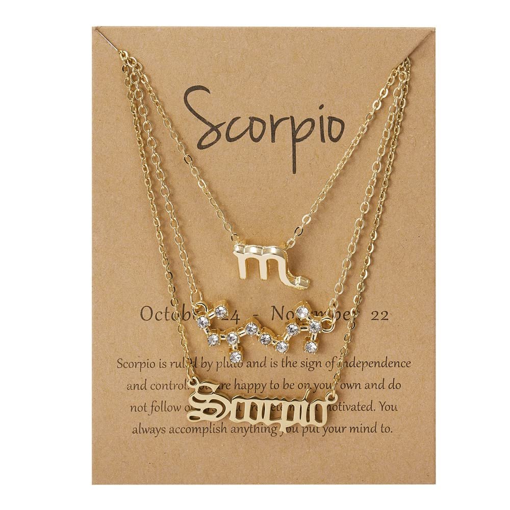 3Pcs 12 Constellation Zodiac Sign Layered Choker Necklaces Old English Letter Astrology Horoscope with Message Card for Women Birthday Friendship Jewelry-Scorpio