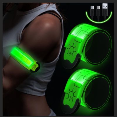 Simket Reflective LED Armband Rechargeable for Running(2 Pack), Running Lights for Runners, Running Lights, High Visibility Reflective Running Gear Adjustable Light Up Arm Bands for Men Women Kids