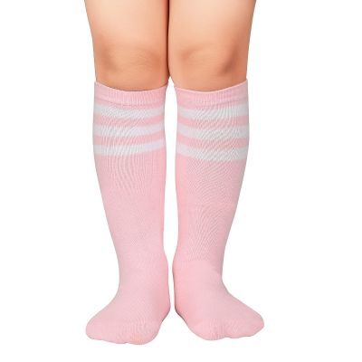 American Trends Kids Toddler Soccer Socks Knee High Tube long Three Stripes Cotton Uniform Sports Socks for Child Boys Girls 1 Pack Pink White 1T-3T