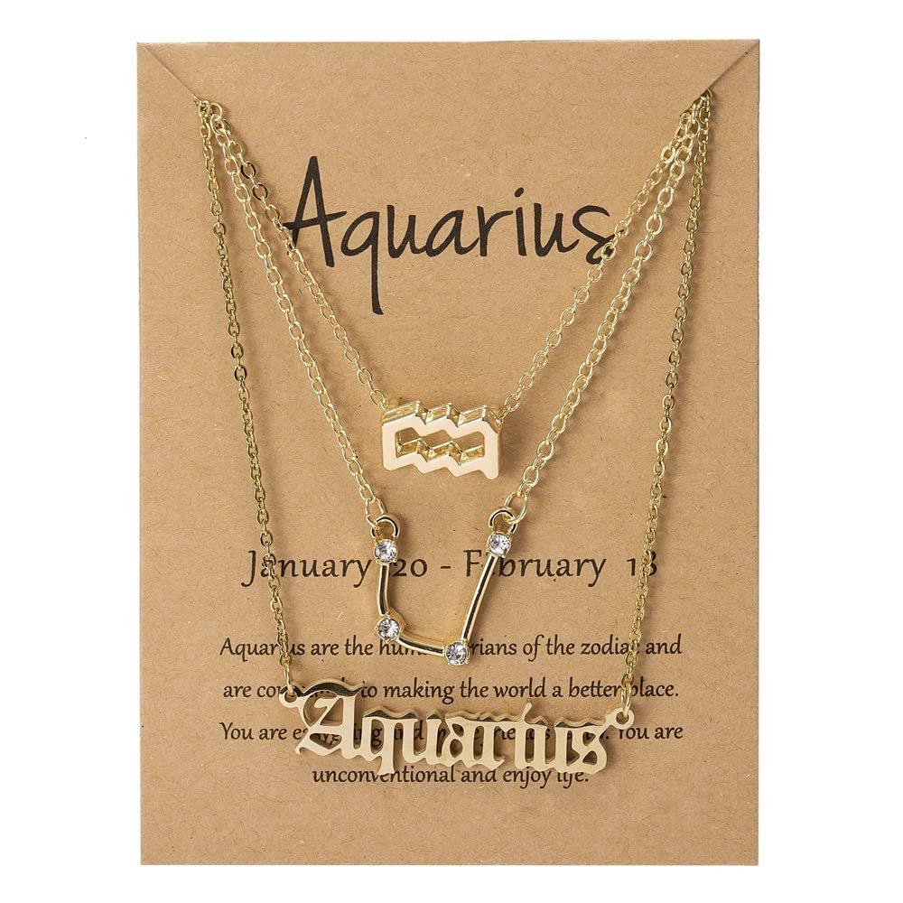 3Pcs 12 Constellation Zodiac Sign Layered Choker Necklaces Old English Letter Astrology Horoscope with Message Card for Women Birthday Friendship Jewelry-Aquarius