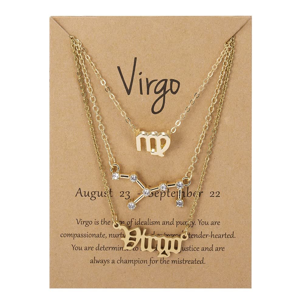 3Pcs 12 Constellation Zodiac Sign Layered Choker Necklaces Old English Letter Astrology Horoscope with Message Card for Women Birthday Friendship Jewelry-Virgo
