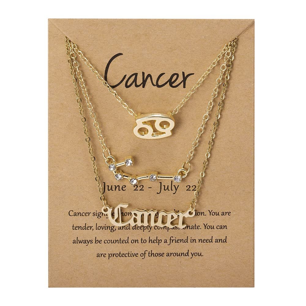 3Pcs 12 Constellation Zodiac Sign Layered Choker Necklaces Old English Letter Astrology Horoscope with Message Card for Women Birthday Friendship Jewelry-Cancer