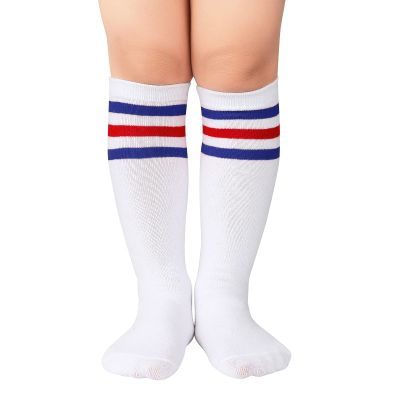 American Trends Kids Toddler Soccer Socks Knee High Tube long Three Stripes Cotton Uniform Sports Socks for Child Boys Girls 1 Pack White Blue Red 3-6 Years