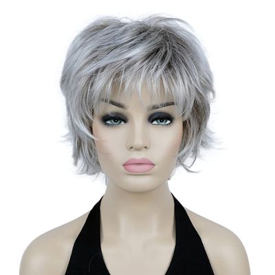 Lydell 8" Short Layered Shaggy Wavy Full Synthetic Wigs (48T Light Gray with Dark Root)