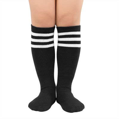American Trends Kids Toddler Soccer Socks Knee High Tube long Three Stripes Cotton Uniform Sports Socks for Child Boys Girls 1 Pack Black White 6-9 Years
