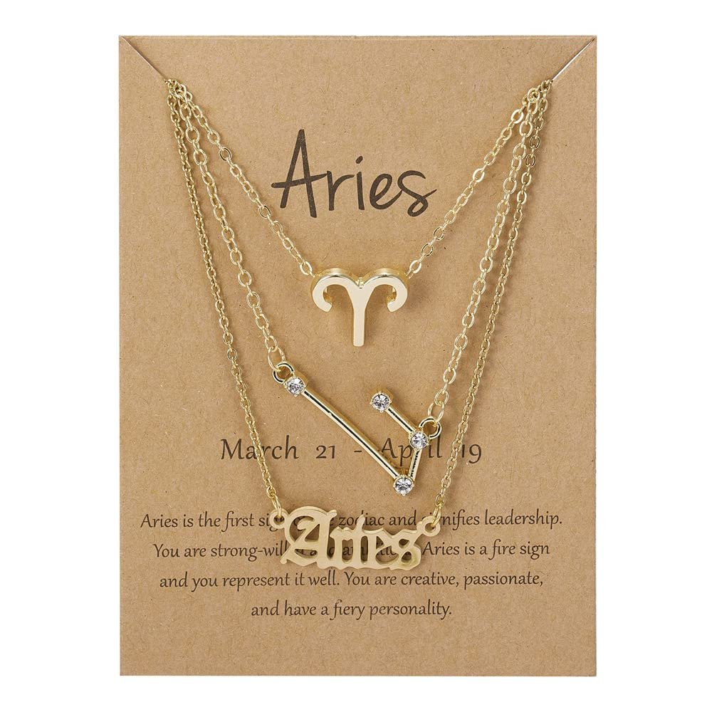 3Pcs 12 Constellation Zodiac Sign Layered Choker Necklaces Old English Letter Astrology Horoscope with Message Card for Women Birthday Friendship Jewelry-Aries