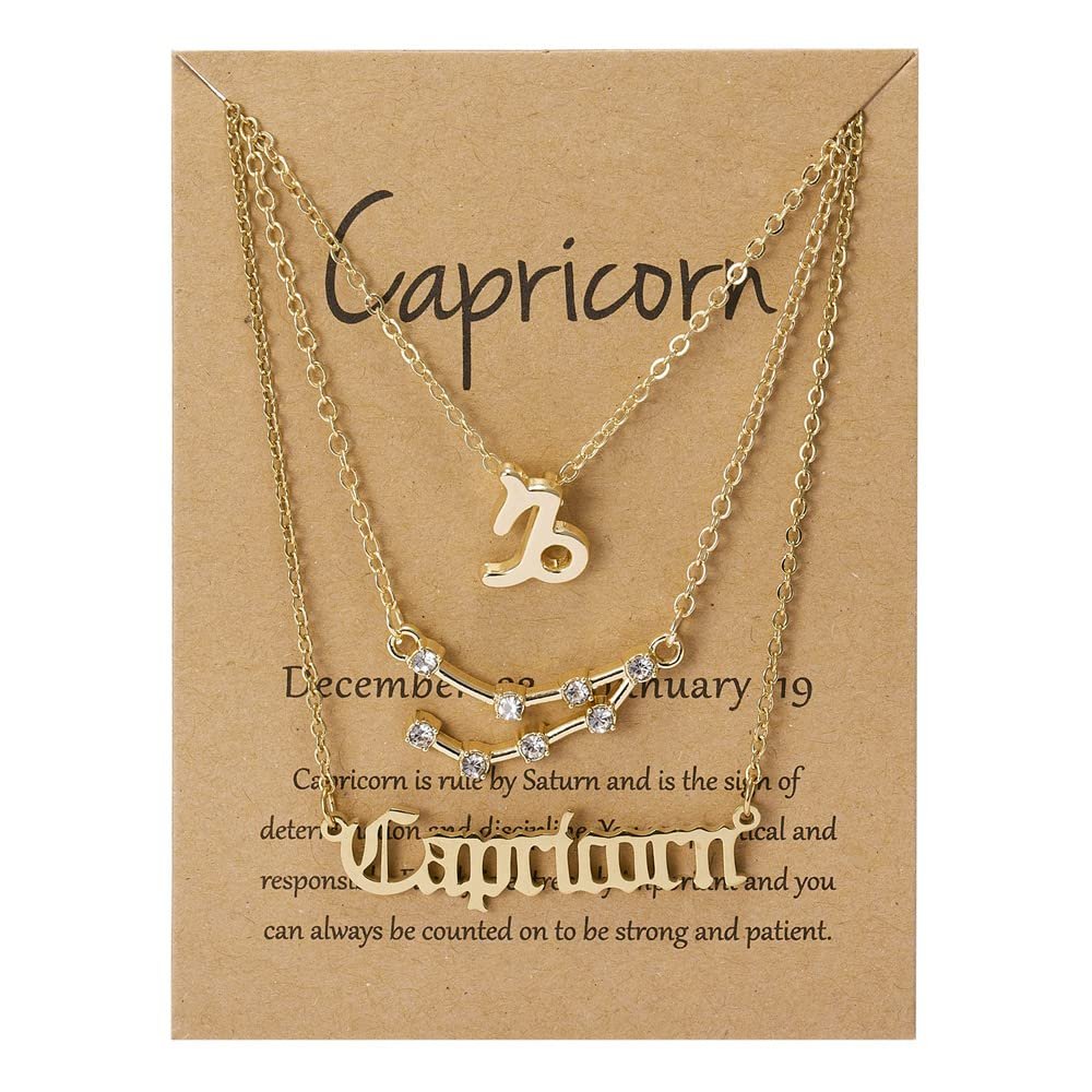3Pcs 12 Constellation Zodiac Sign Layered Choker Necklaces Old English Letter Astrology Horoscope with Message Card for Women Birthday Friendship Jewelry-Capricorn