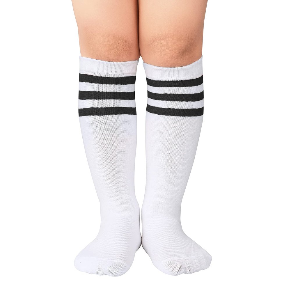 American Trends Kids Toddler Soccer Socks Knee High Tube long Three Stripes Cotton Uniform Sports Socks for Child Boys Girls 1 Pack White Black 6-9 Years