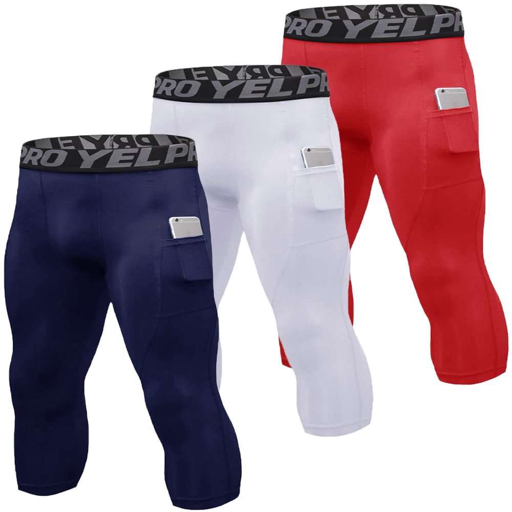 3 Pack Men's Compression Pants 3/4 Workout Dry-fit Baselayers Underwear Sport Tights Running Athletic Leggings Capris