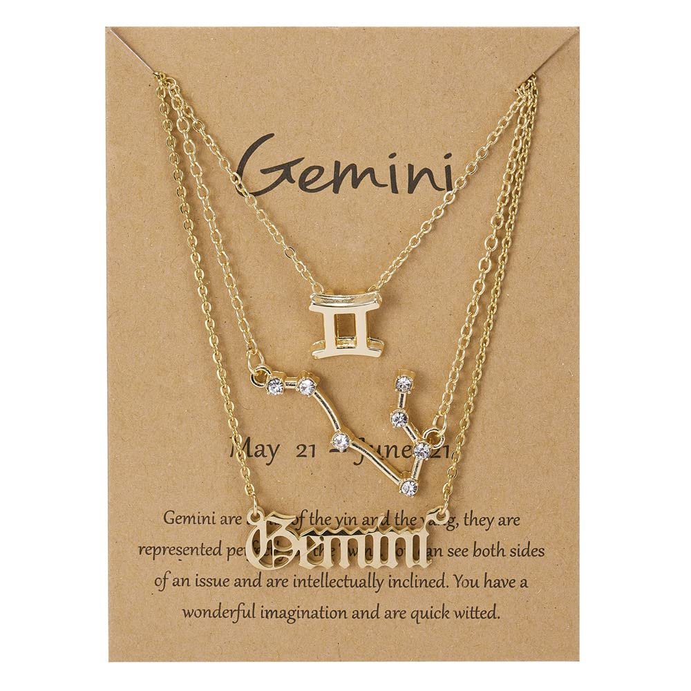 3Pcs 12 Constellation Zodiac Sign Layered Choker Necklaces Old English Letter Astrology Horoscope with Message Card for Women Birthday Friendship Jewelry-Gemini