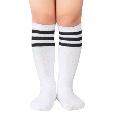 American Trends Kids Toddler Soccer Socks Knee High Tube long Three Stripes Cotton Uniform Sports Socks for Child Boys Girls 1 Pack White Black 3-6 Years