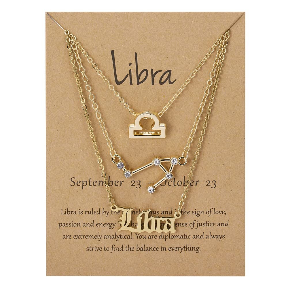 3Pcs 12 Constellation Zodiac Sign Layered Choker Necklaces Old English Letter Astrology Horoscope with Message Card for Women Birthday Friendship Jewelry-Libra