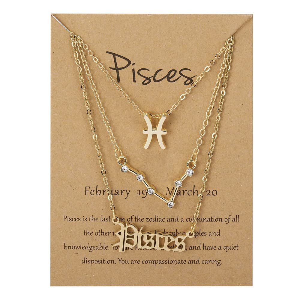 3Pcs 12 Constellation Zodiac Sign Layered Choker Necklaces Old English Letter Astrology Horoscope with Message Card for Women Birthday Friendship Jewelry-Pisces