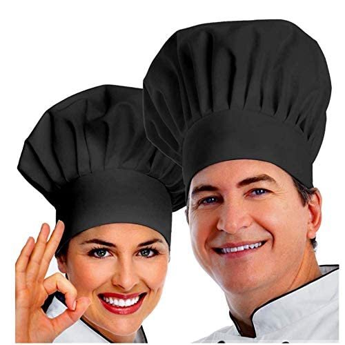 Chef Hat, 2PCS Adult Premium Adjustable Elastic Baker Kitchen Cooking Chef Cap Black