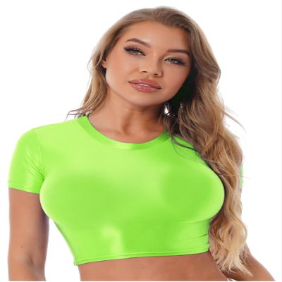 Yhong Women's Smooth Crew Neck Short Sleeve Casual Spandex Crop Top T-Shirt Slim Fit Casual Compression Workout Vest Fluorescent Green Medium