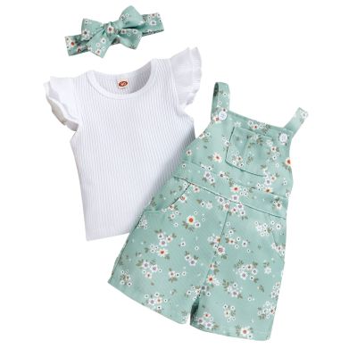 Infant Girls Fly Sleeve Ribbed Tops T Shirt Floral Prints Suspenders Shorts Headbands Cute (0-Green, 9-12 Months)