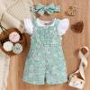 Infant Girls Fly Sleeve Ribbed Tops T Shirt Floral Prints Suspenders Shorts Headbands Cute (0-Green, 9-12 Months) view 2
