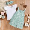 Infant Girls Fly Sleeve Ribbed Tops T Shirt Floral Prints Suspenders Shorts Headbands Cute (0-Green, 9-12 Months) view 4