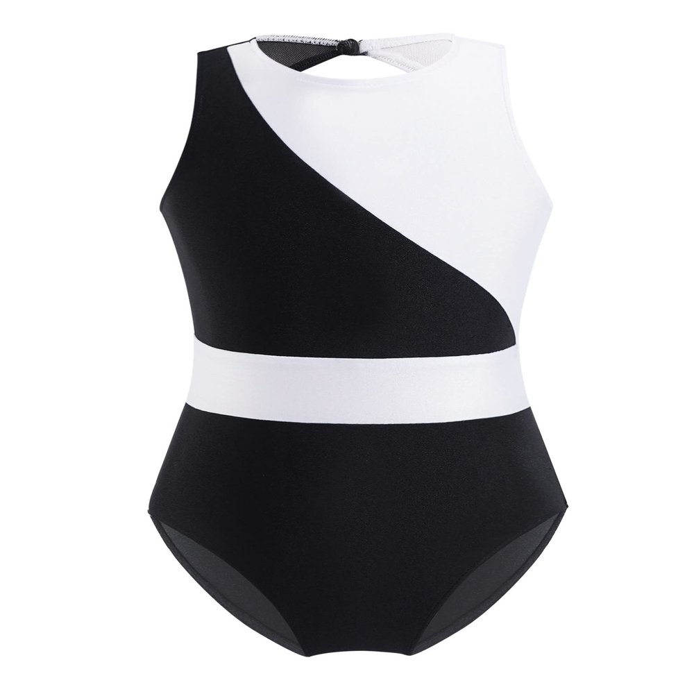 Aislor Girls' Ballet Dance Leotard Sleeveless Mesh Patchwork Criss Cross Back Unitards Gymnastic Jumpsuit Activewear Black&White 16 Years
