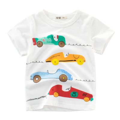 Toddler Kids Baby Boys Girls Cars Short Sleeve Crewneck T Shirts Tops Tee Clothes for Children Soft (White-@, 1-2 Years)