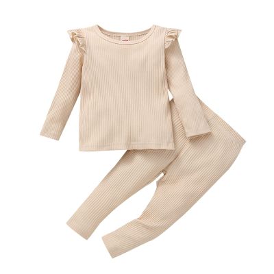 Kids Toddler Boy Girls Clothes Casual Soild Ribbed Long Sleeves Top Pants Set Outfit Baby Bundle (Beige-`, 3-6 Months)