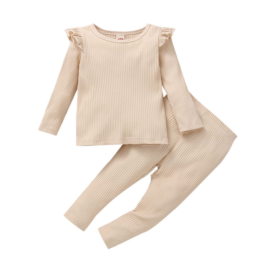 Kids Toddler Boy Girls Clothes Casual Soild Ribbed Long Sleeves Top Pants Set Outfit Baby Bundle (Beige-`, 3-6 Months)