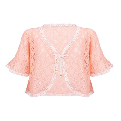 Jizyo Youth Girls Floral Lace Bolero Shrug Top Middle Sleeve Tie Front Elegant Cardigan Sweater Ruffled Hem Dress Cover Up Pink Love 6-8 Years
