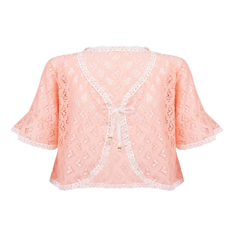 Jizyo Youth Girls Floral Lace Bolero Shrug Top Middle Sleeve Tie Front Elegant Cardigan Sweater Ruffled Hem Dress Cover Up Pink Love 6-8 Years