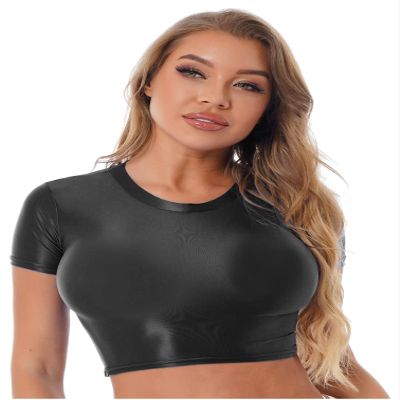Yhong Women's Smooth Crew Neck Short Sleeve Casual Spandex Crop Top T-Shirt Slim Fit Casual Compression Workout Vest Black X-Large