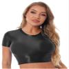 Yhong Women's Smooth Crew Neck Short Sleeve Casual Spandex Crop Top T-Shirt Slim Fit Casual Compression Workout Vest Black X-Large view 1