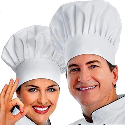 Chef Hat, 2PCS Adult Premium Adjustable Elastic Baker Kitchen Cooking Chef Cap White