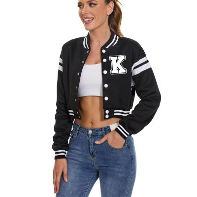 Women's Baseball Varsity Jacket Vintage Crop Top Letter Print College Letterman Coat Bomber Jackets