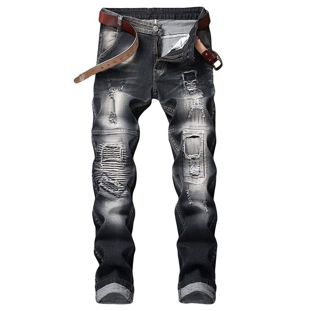 DGKaxiyaHM Men's Moto Washed Stretch Pants Trendy Fashion Ripped Embroidered Skinny Jeans Straight Slim Fit Destroy Denim (Black,28.00,5,OZ)