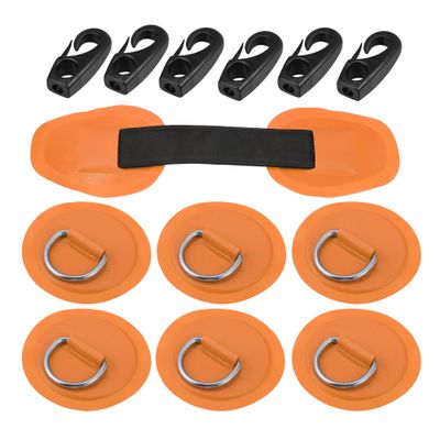 X AUTOHAUX 6pcs 8cm Orange D Ring Patch PVC Stainless Steel Round Shape D Ring Pad Set for Inflatable Boat Kayak Canoe Deck with Hooks Handle