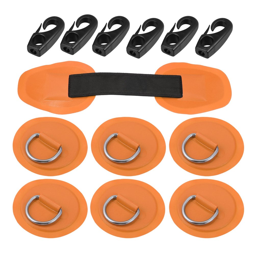 X AUTOHAUX 6pcs 8cm Orange D Ring Patch PVC Stainless Steel Round Shape D Ring Pad Set for Inflatable Boat Kayak Canoe Deck with Hooks Handle