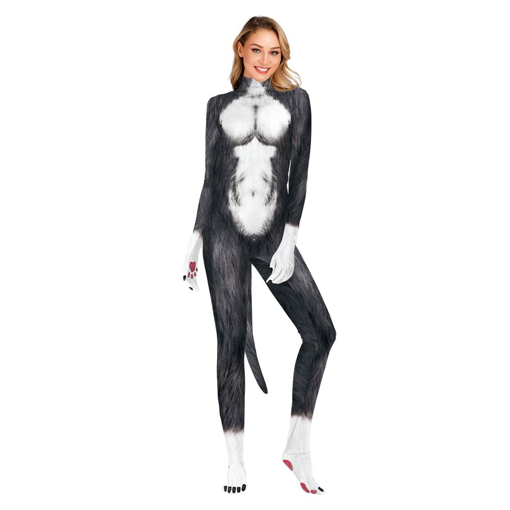 Bemeiren Women's Animal Bodysuit Costume with Big Tail Print Petsuit Spandex Furry Jumpsuit Cosplay Halloween Party Werewolf