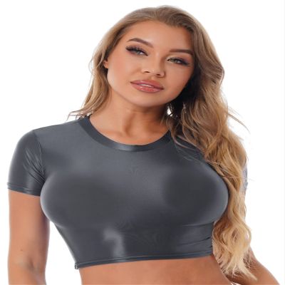 Yhong Women's Smooth Crew Neck Short Sleeve Casual Spandex Crop Top T-Shirt Slim Fit Casual Compression Workout Vest Grey X-Large