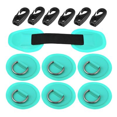 X AUTOHAUX 6pcs 8cm Green D Ring Patch PVC Stainless Steel Round Shape D Ring Pad Set for Inflatable Boat Kayak Canoe Deck with Hooks Handle