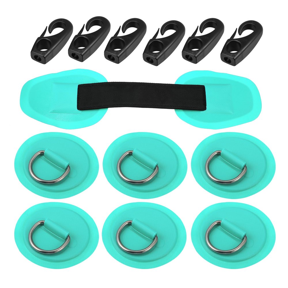 X AUTOHAUX 6pcs 8cm Green D Ring Patch PVC Stainless Steel Round Shape D Ring Pad Set for Inflatable Boat Kayak Canoe Deck with Hooks Handle