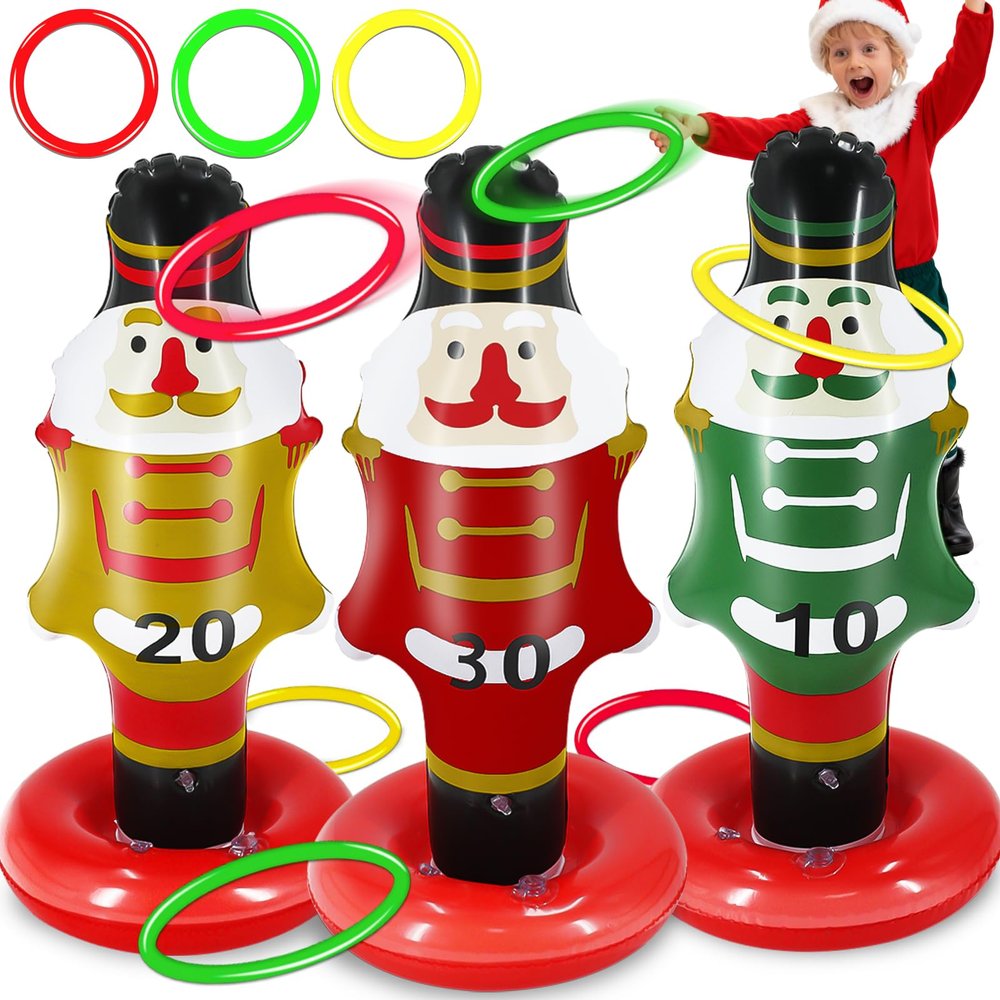 9 Pcs Christmas Ring Toss Games for Family Party Inflatable Nutcracker Ring Toss Christmas Party Decorations Xmas Activities Favor Gifts for Kids Stocking Stuffers Carnival Holiday