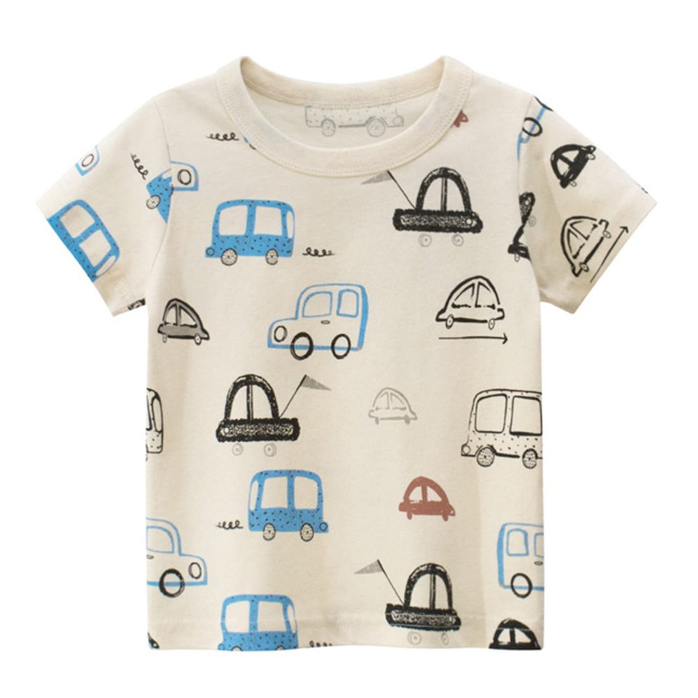 Toddler Kids Baby Boys Girls Cars Short Sleeve Crewneck T Shirts Tops Tee Clothes for Children Soft (Beige-@, 3-4 Years)