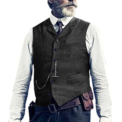 Casual Lapel Suit Vest for Male Tweed Herringbone Business Formal Waistcoat Tank Top for Men Father Husband Prom Party ( Color : Black , Size : Small )