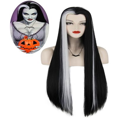 Mildiso Lily Munster Long Wigs for Munster Costume - Black, White Hair with Cap - Halloween M086BW
